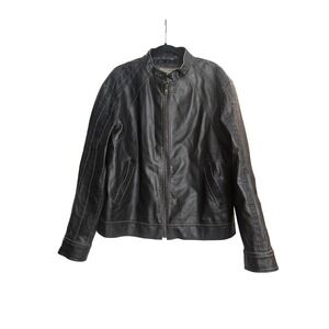BKE Mens Black Faux Leather Cafe Racer Moto Jacket‎ Distressed Large